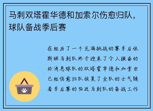 马刺双塔霍华德和加索尔伤愈归队，球队备战季后赛