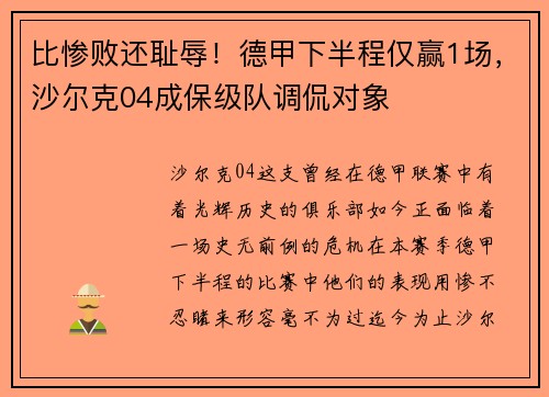 比惨败还耻辱！德甲下半程仅赢1场，沙尔克04成保级队调侃对象