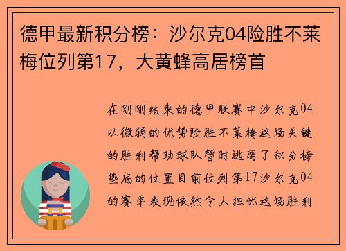 德甲最新积分榜：沙尔克04险胜不莱梅位列第17，大黄蜂高居榜首