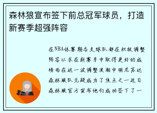 森林狼宣布签下前总冠军球员，打造新赛季超强阵容