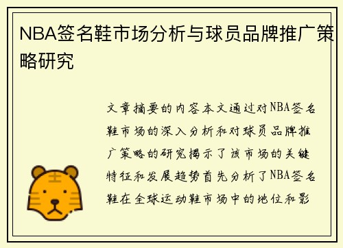 NBA签名鞋市场分析与球员品牌推广策略研究